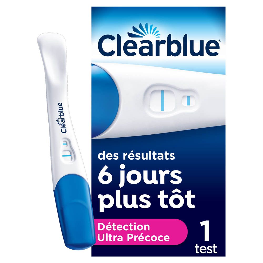 Test de grossesse et emballage. Texte: Clearblue, 6 jours plus tôt. Contient 1 test.