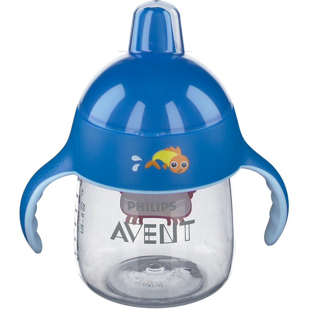 Gobelet bleu avec poignées et couvercle. Motif poisson. Inscription: Philips Avent.