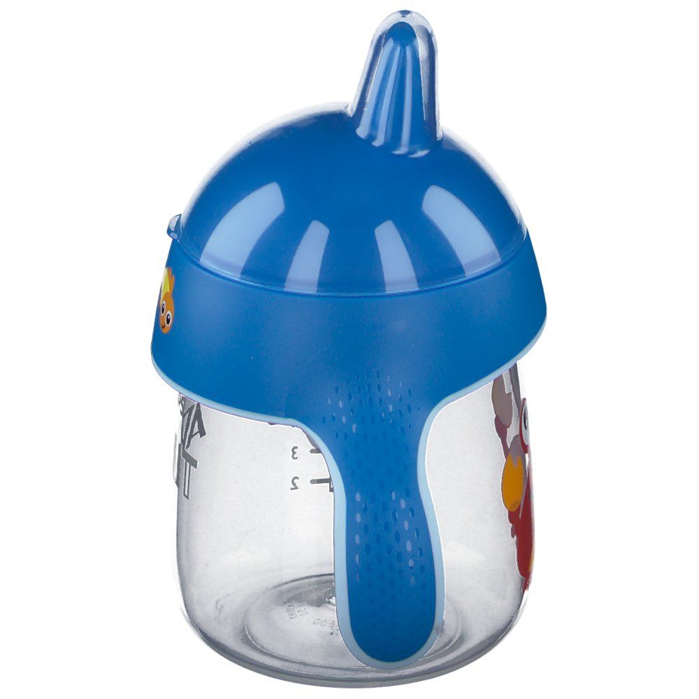Gobelet bleu avec couvercle et poignée. Motif poisson. Inscription: Philips Avent.
