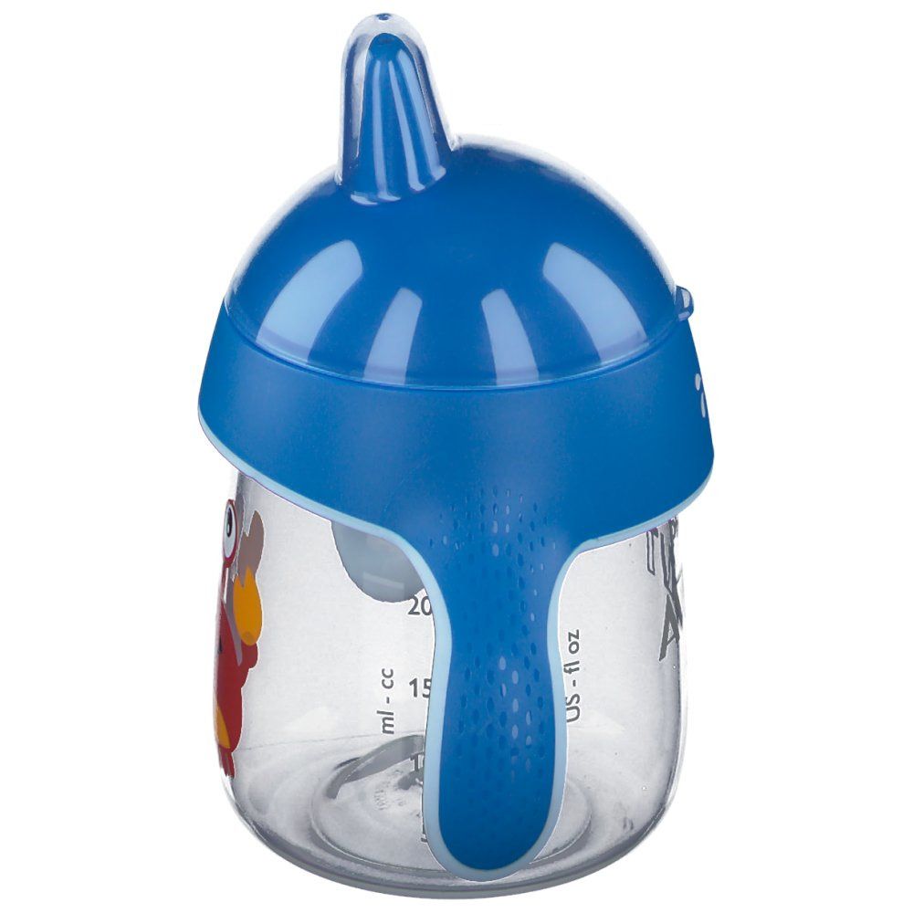 Gobelet bleu avec couvercle et poignée. Motif crabe. Inscription: Philips Avent.