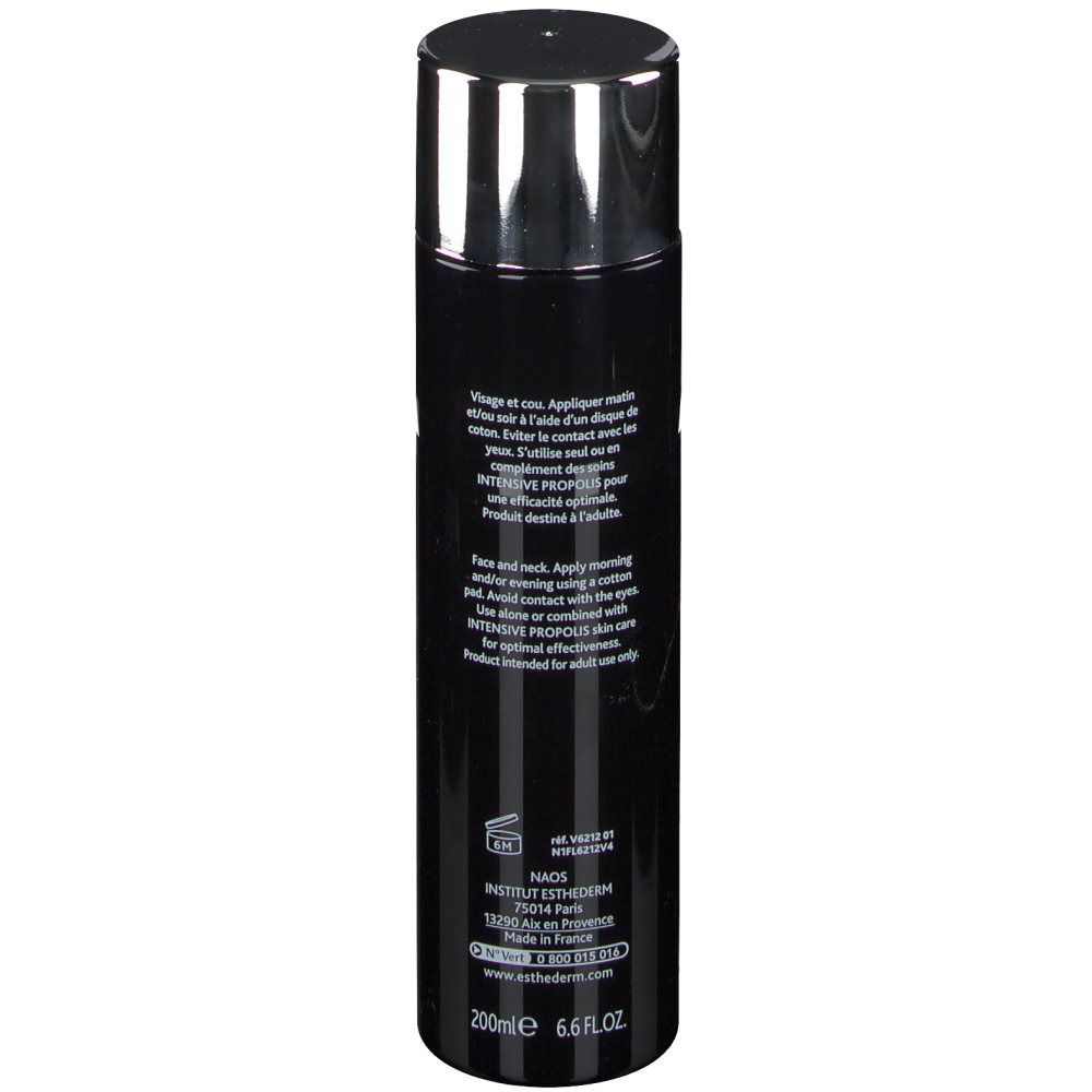 Flacon noir, bouchon argenté. Texte sur le flacon. INSTITUT ESTHEDERM PARIS. Inscription: Intensiv Propolis.