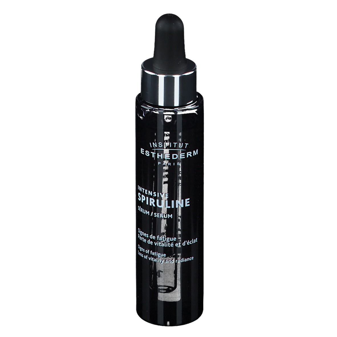 Flacon noir avec pipette. Inscription: INSTITUT ESTHEDERM PARIS, INTENSIVE SPIRULINE Sérum/Serum.