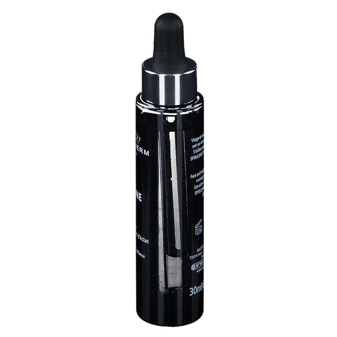 Flacon noir avec pipette. Inscription: INSTITUT ESTHEDERM PARIS, INTENSIVE SPIRULINE. Texte au dos.