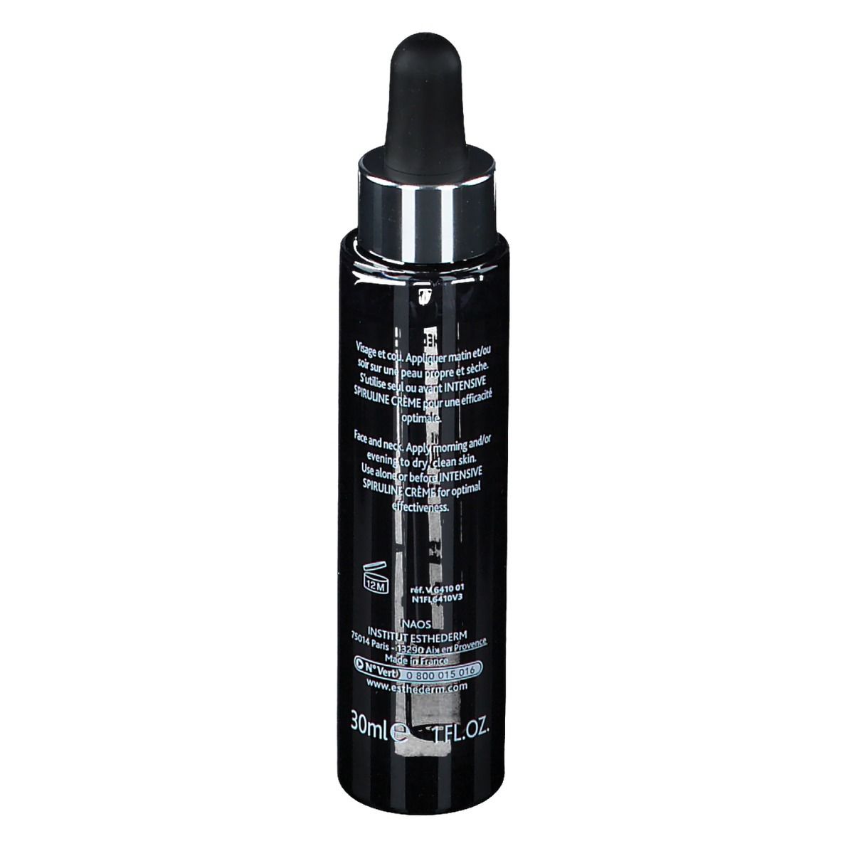 Flacon noir avec pipette. Inscription: INSTITUT ESTHEDERM PARIS, INTENSIVE SPIRULINE. Texte au dos.