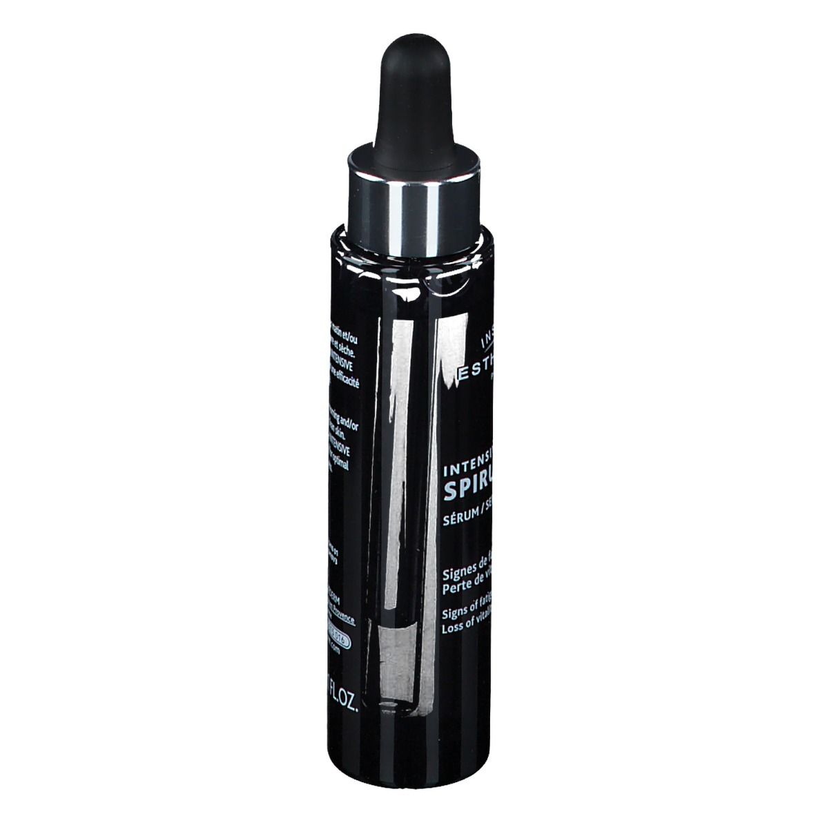 Flacon noir avec pipette. Inscription: INSTITUT ESTHEDERM PARIS, INTENSIVE SPIRULINE. Texte au dos.