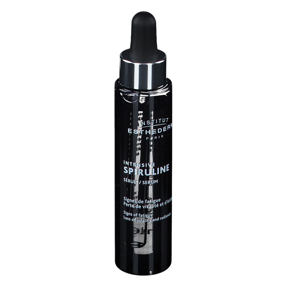 Flacon noir avec pipette. Inscription: INSTITUT ESTHEDERM PARIS, INTENSIVE SPIRULINE. Texte au dos.