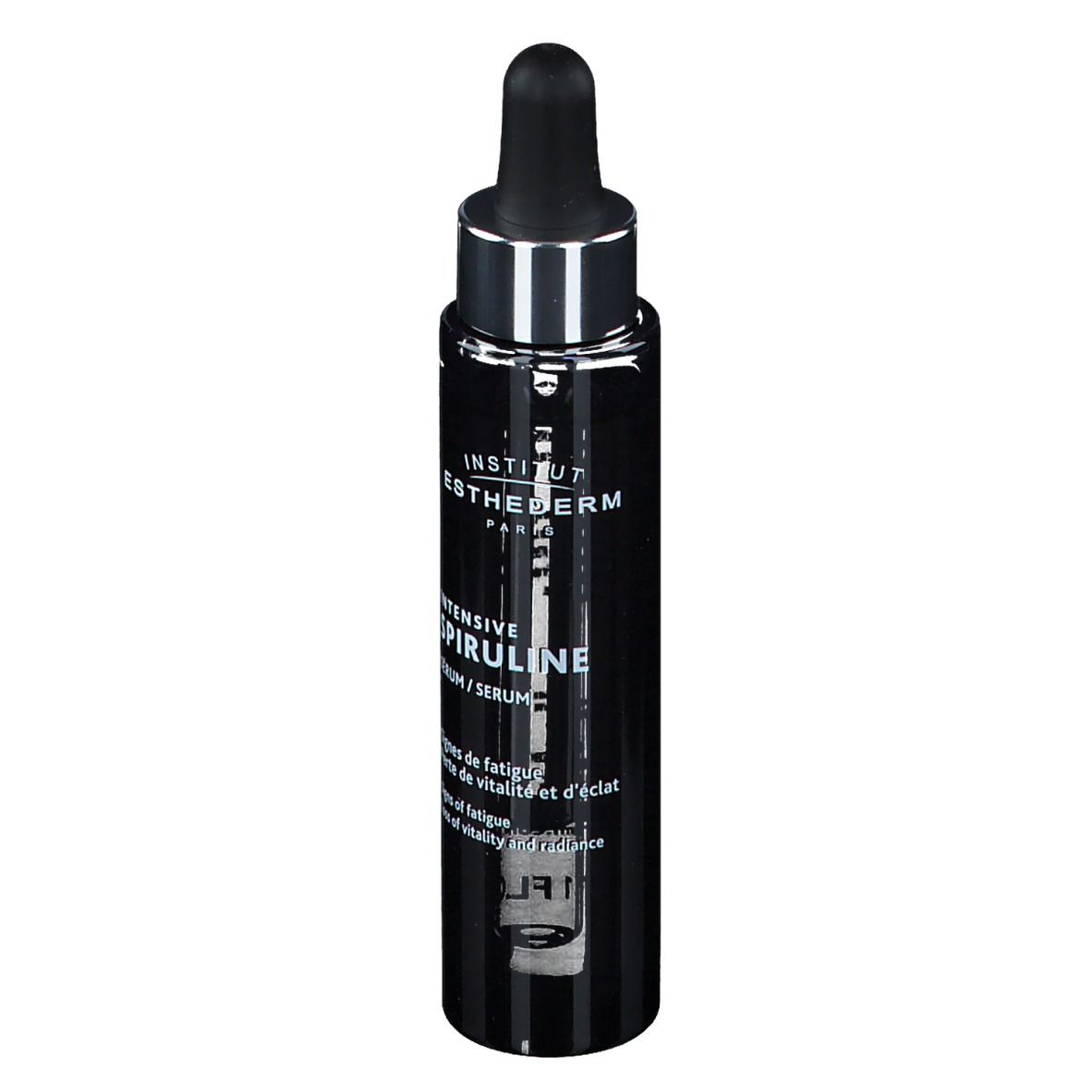 Flacon noir avec pipette. Inscription: INSTITUT ESTHEDERM PARIS, INTENSIVE SPIRULINE. Texte au dos.