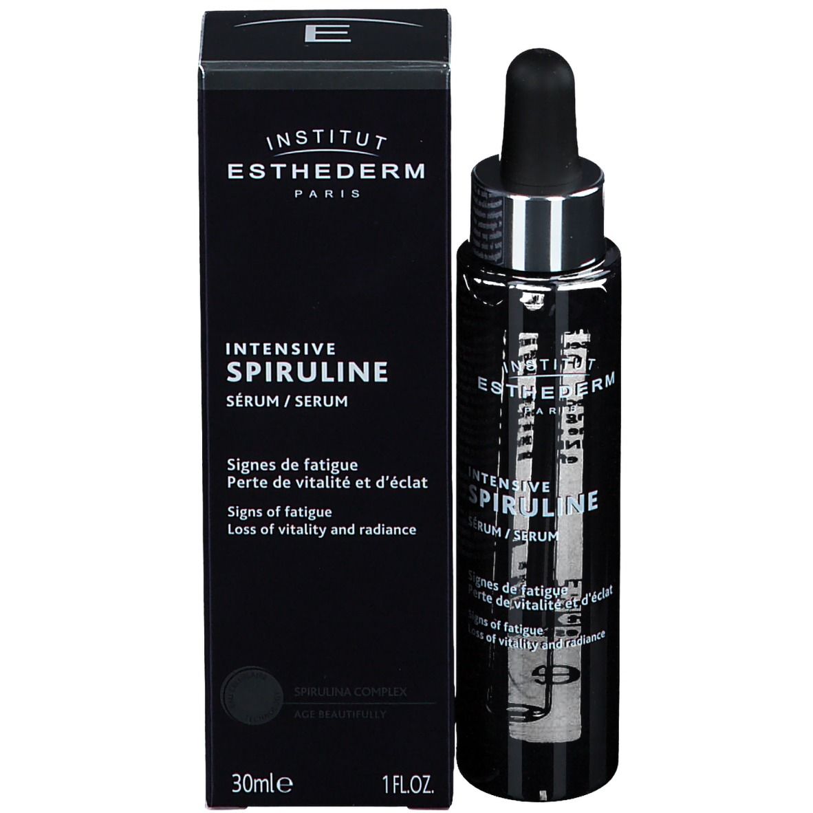 Flacon noir avec pipette et emballage noir. Inscription: INSTITUT ESTHEDERM PARIS, INTENSIVE SPIRULINE.
