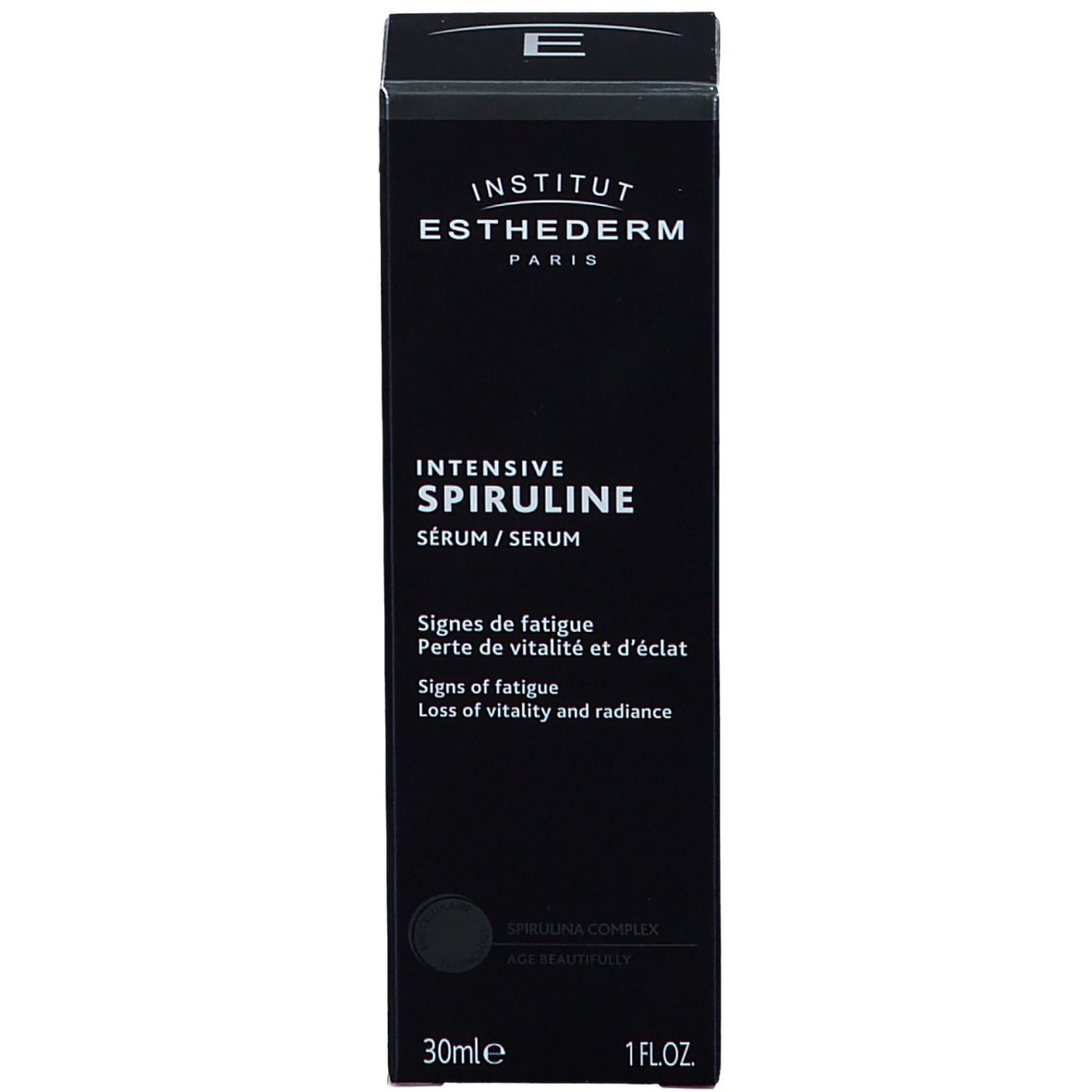Emballage noir avec inscription: INSTITUT ESTHEDERM PARIS, INTENSIVE SPIRULINE. 30ml et 1FL.OZ.