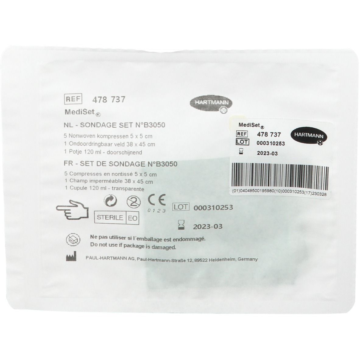 Emballage Hartmann MediSet. Contient compresses, champ imperméable et flacon de 120 ml. Avec marquage CE et numéro de lot.