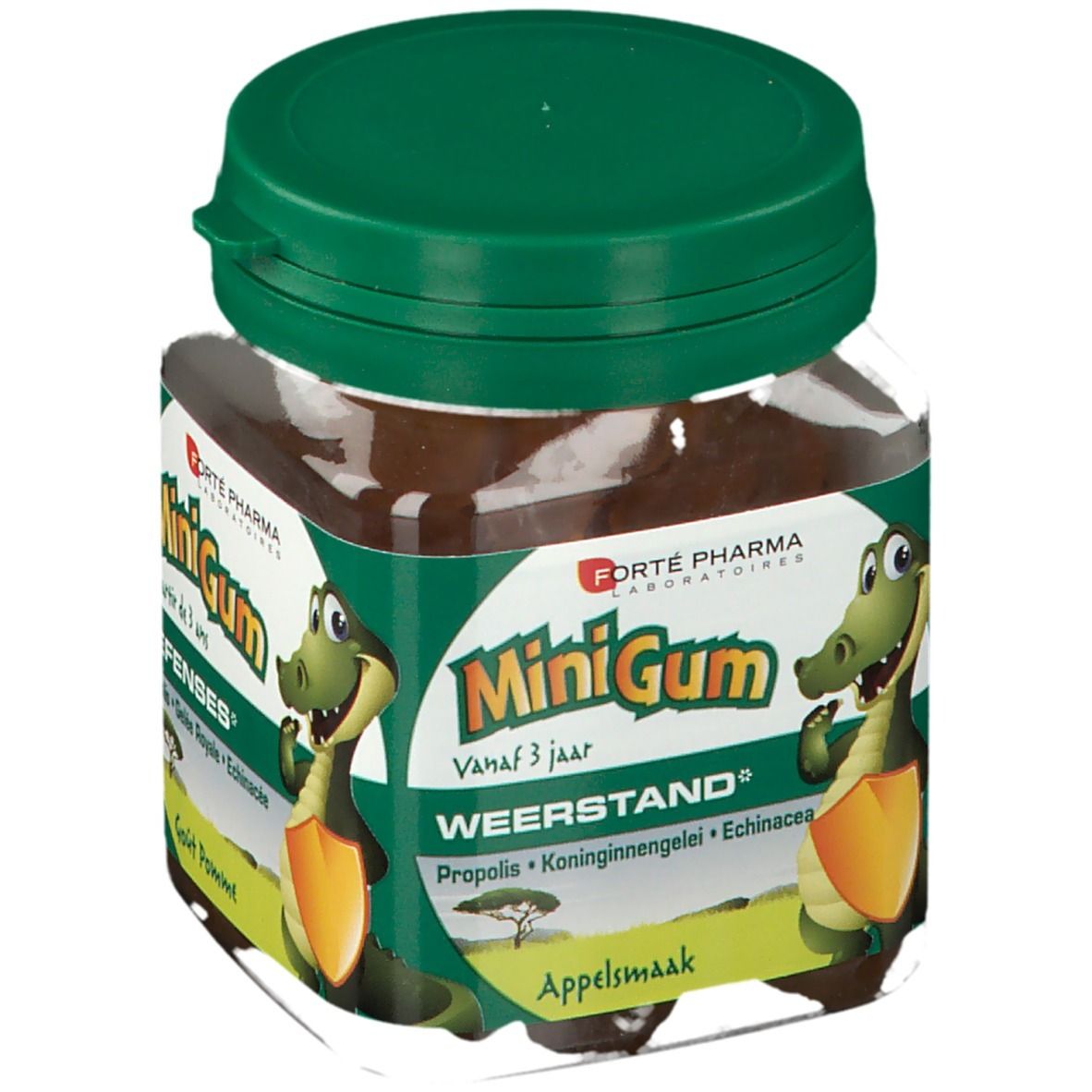 Pot de MiniGum Weerstand, à partir de 3 ans. Contient Propolis, Gelée Royale, Echinacée. Goût Pomme. Illustration d'un crocodile.