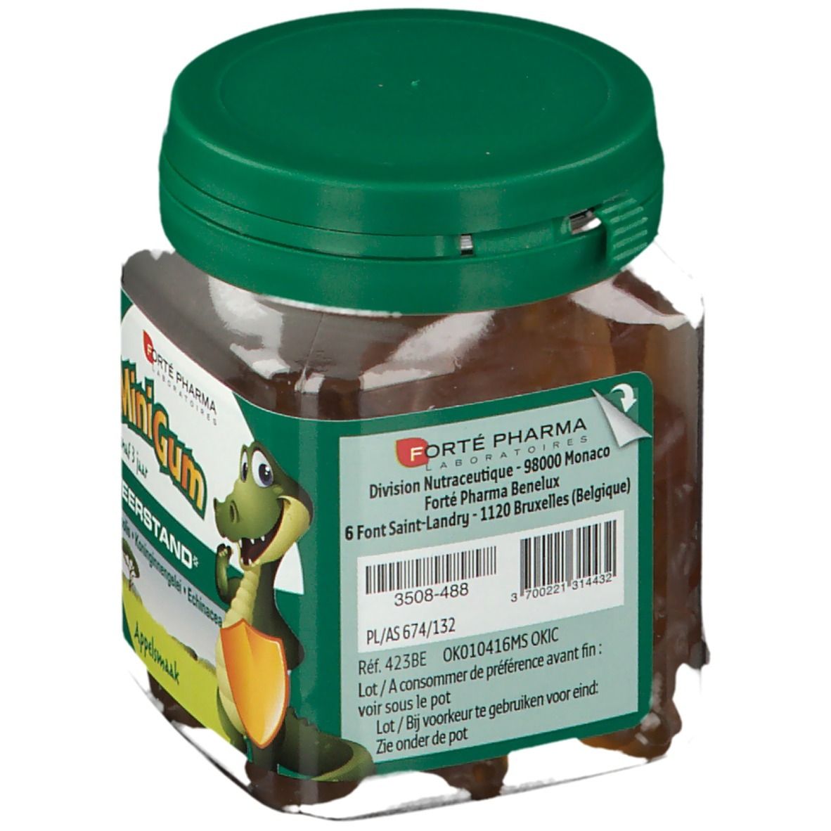 Pot de MiniGum Weerstand, à partir de 3 ans. Contient Propolis, Gelée Royale, Echinacée. Goût Pomme. Informations au dos.