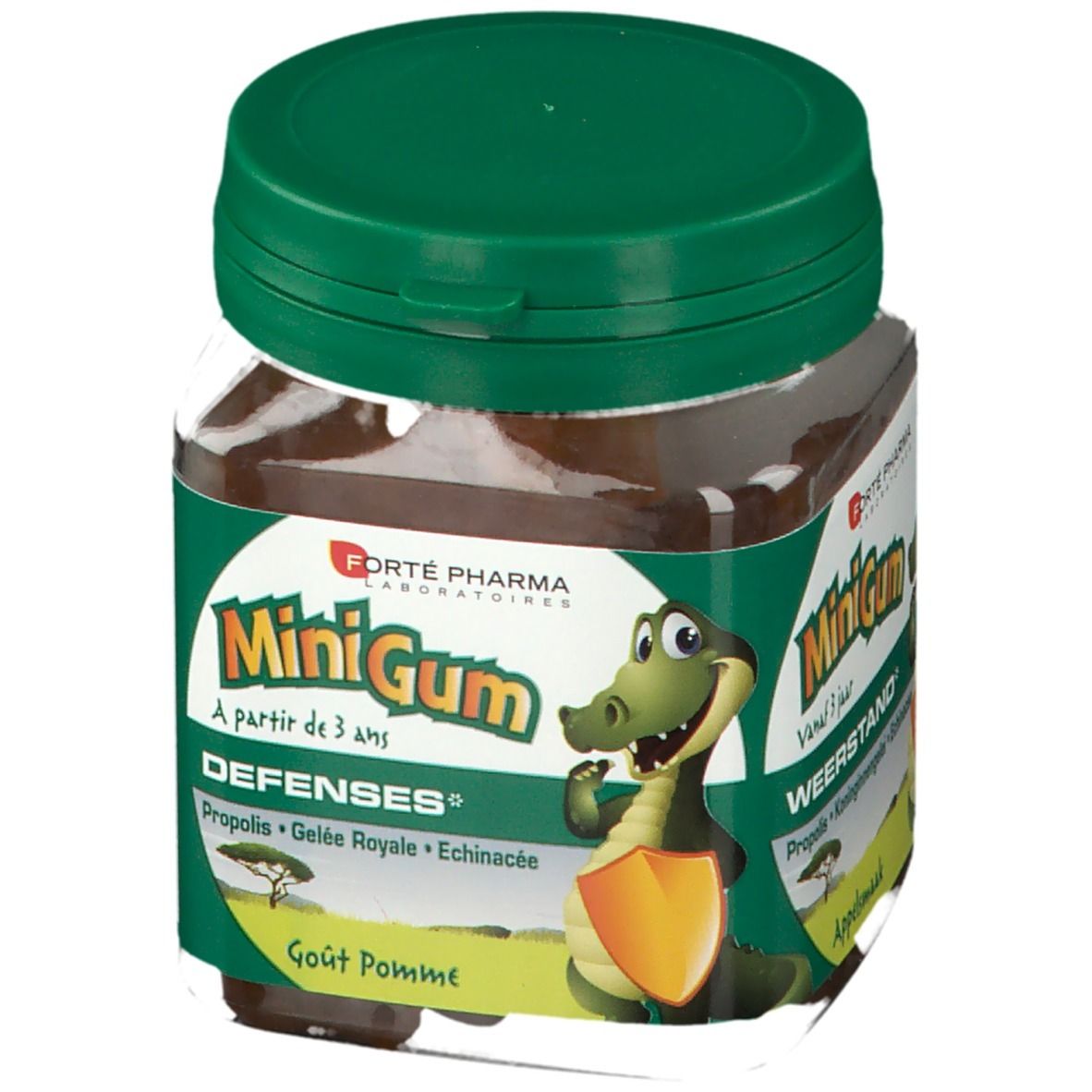 Pot de MiniGum Weerstand, à partir de 3 ans. Contient Propolis, Gelée Royale, Echinacée. Goût Pomme. Illustration d'un crocodile.