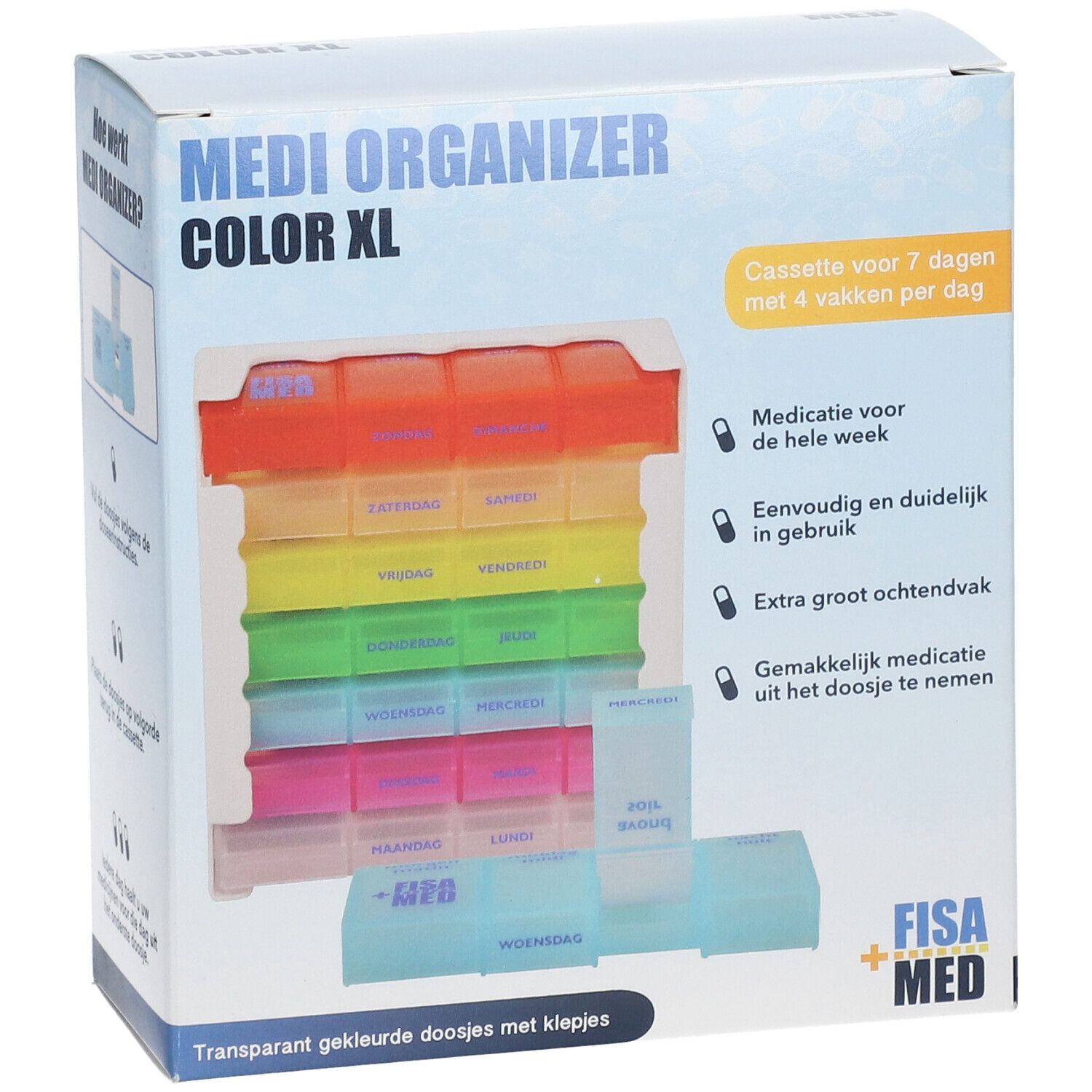 Medi Organizer Color XL. Pilulier dans son emballage. 7 jours, 4 compartiments par jour. Marque : Fisa Med. Multicolore.