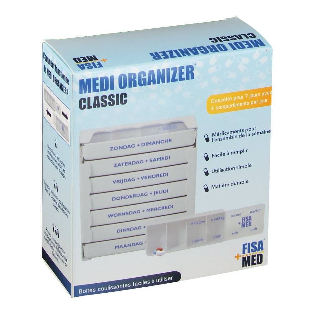 Fisamed Medi Organizer Classic. Boîte à pilules avec 7 compartiments pour la semaine. Emballage bleu avec nom et logo.