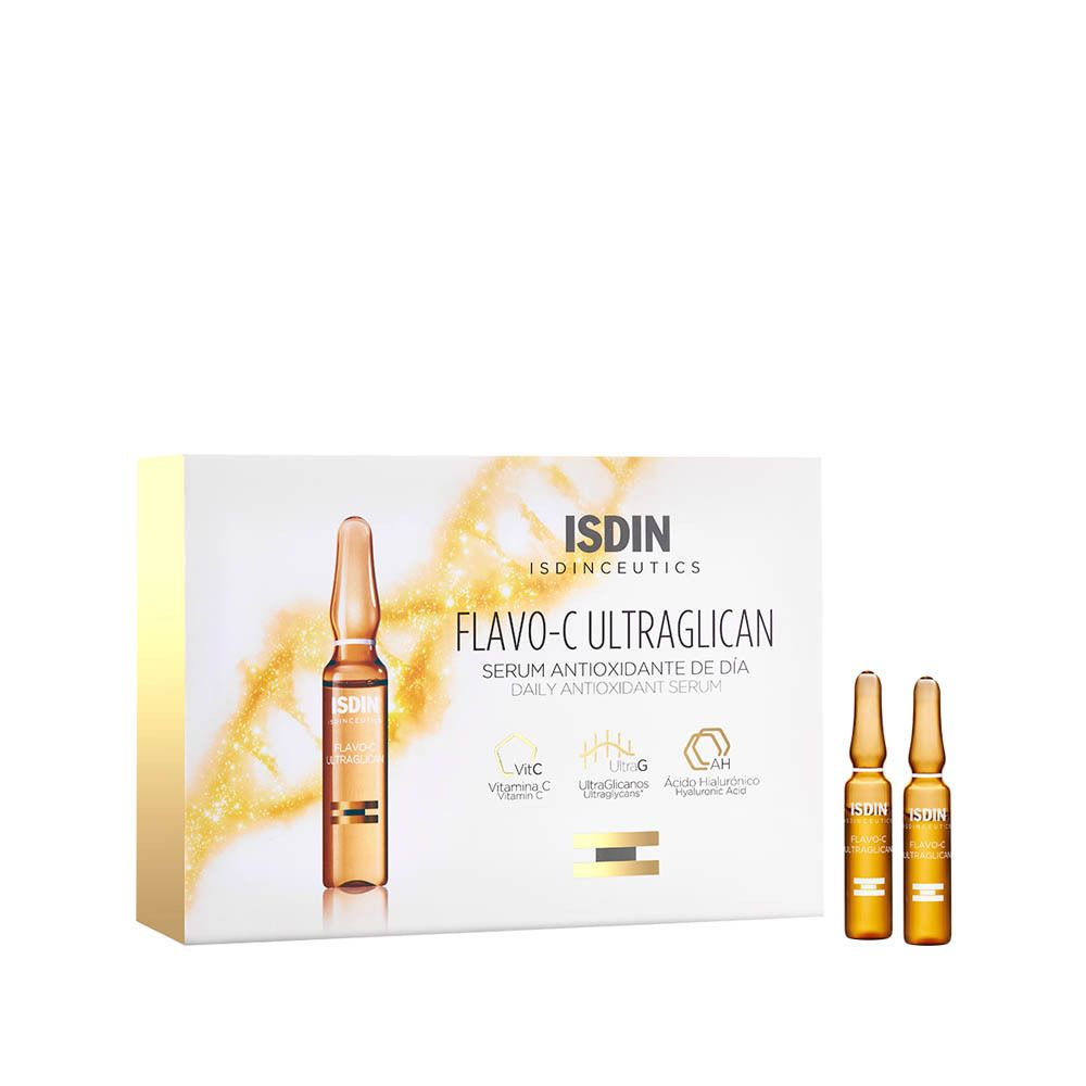Emballage avec logo ISDIN, nom du produit Flavo-C Ultraglican Serum et ampoules. Ampoules supplémentaires à côté.