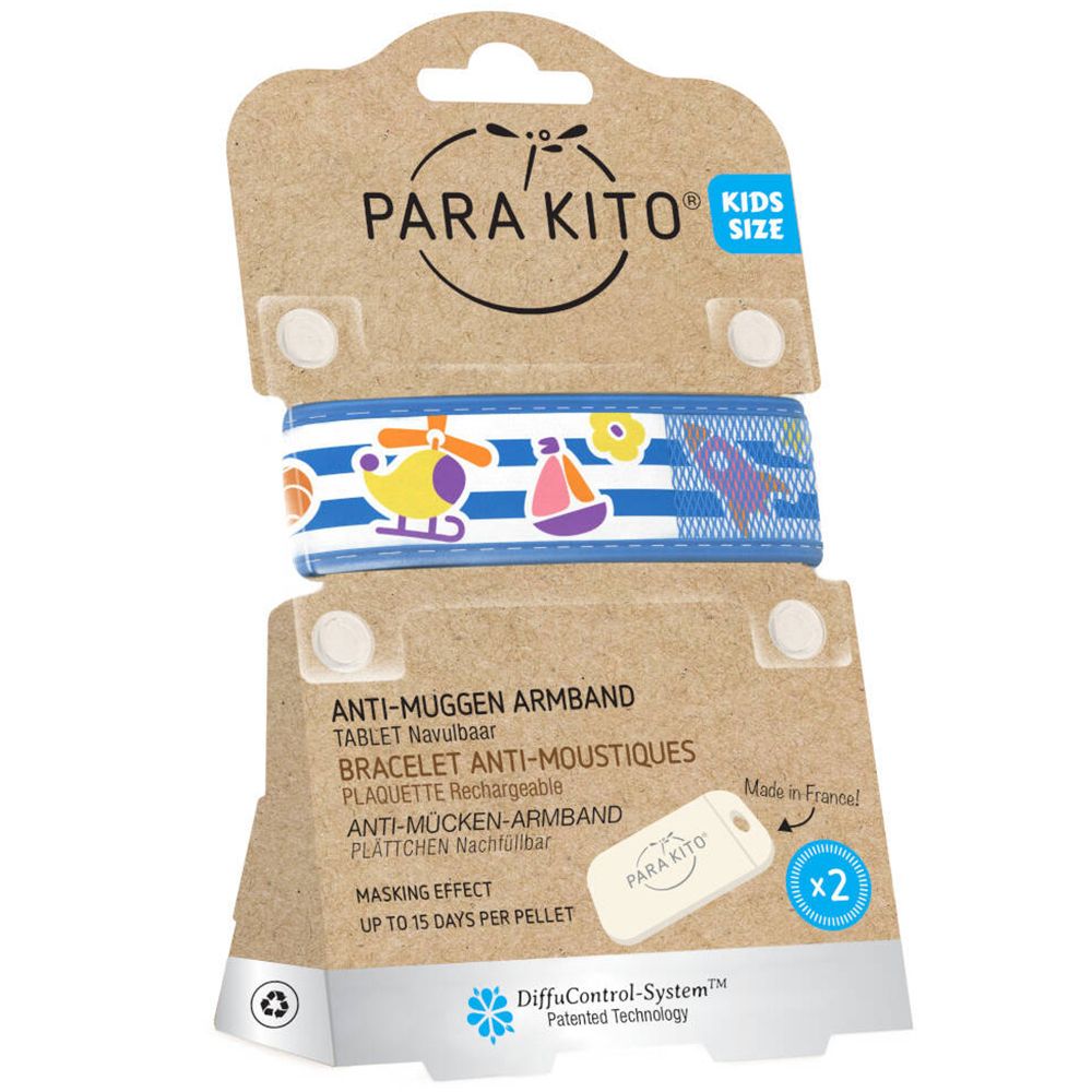 Bracelet anti-moustiques bleu et blanc pour enfants, en emballage. Marque Para'Kito. Contient 2 pastilles.