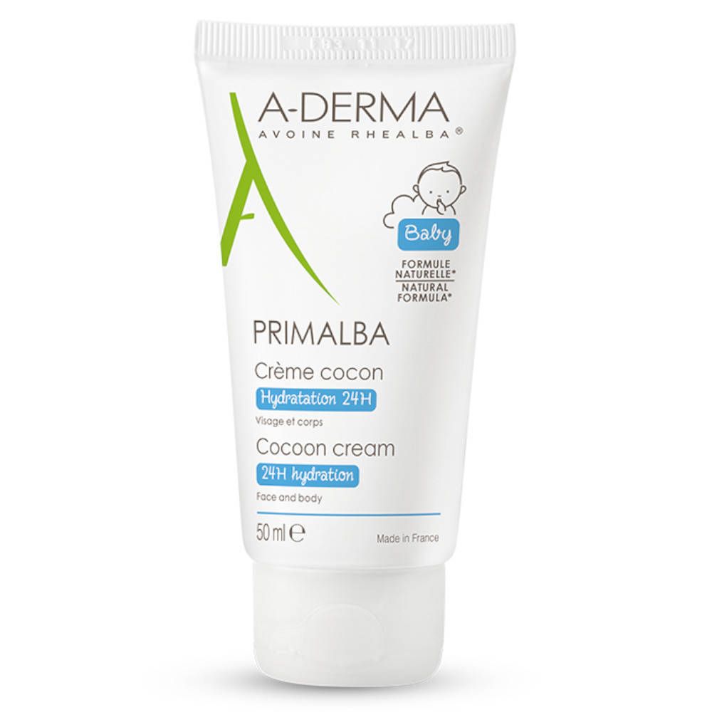 Tube blanc A-DERMA PRIMALBA Crème cocon. Illustration bébé et mentions. 50 ml.