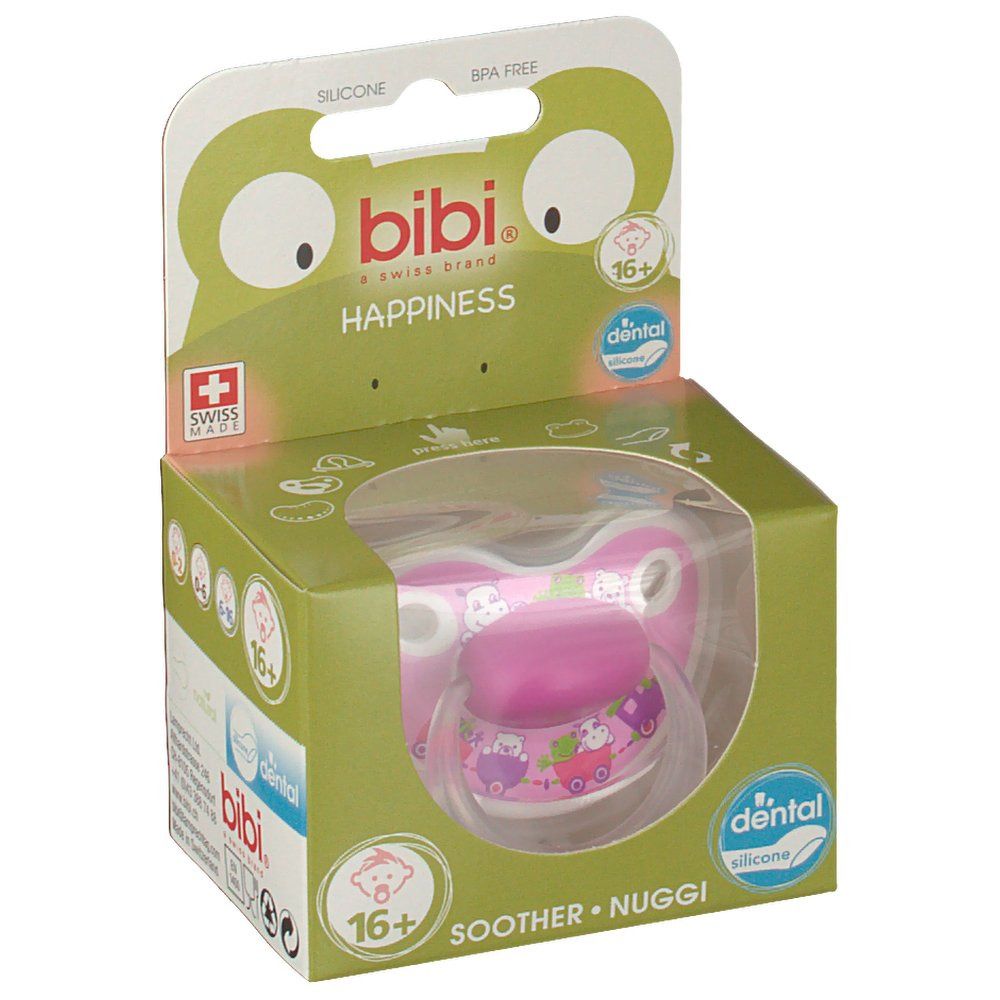 Emballage de sucette. Sucette rose imprimée, 16+ mois. Marque : bibi, Swiss Made. Fenêtre transparente.