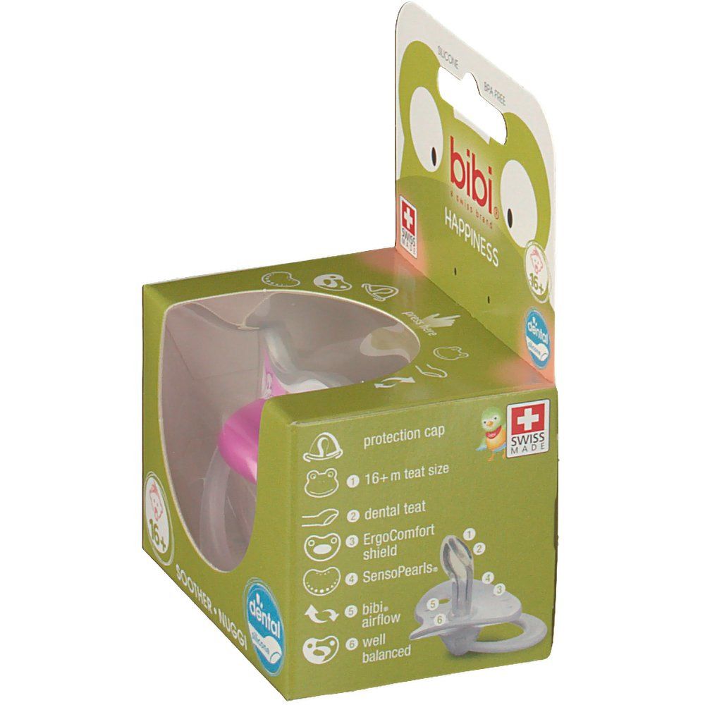 Emballage de sucette. Sucette rose dans fenêtre. Marque : bibi, Swiss Made. Informations sur les caractéristiques.