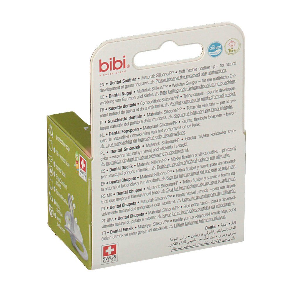 Dos de l'emballage. Texte multilingue. Marque : bibi, Swiss Made. Informations sur les matériaux et les caractéristiques.