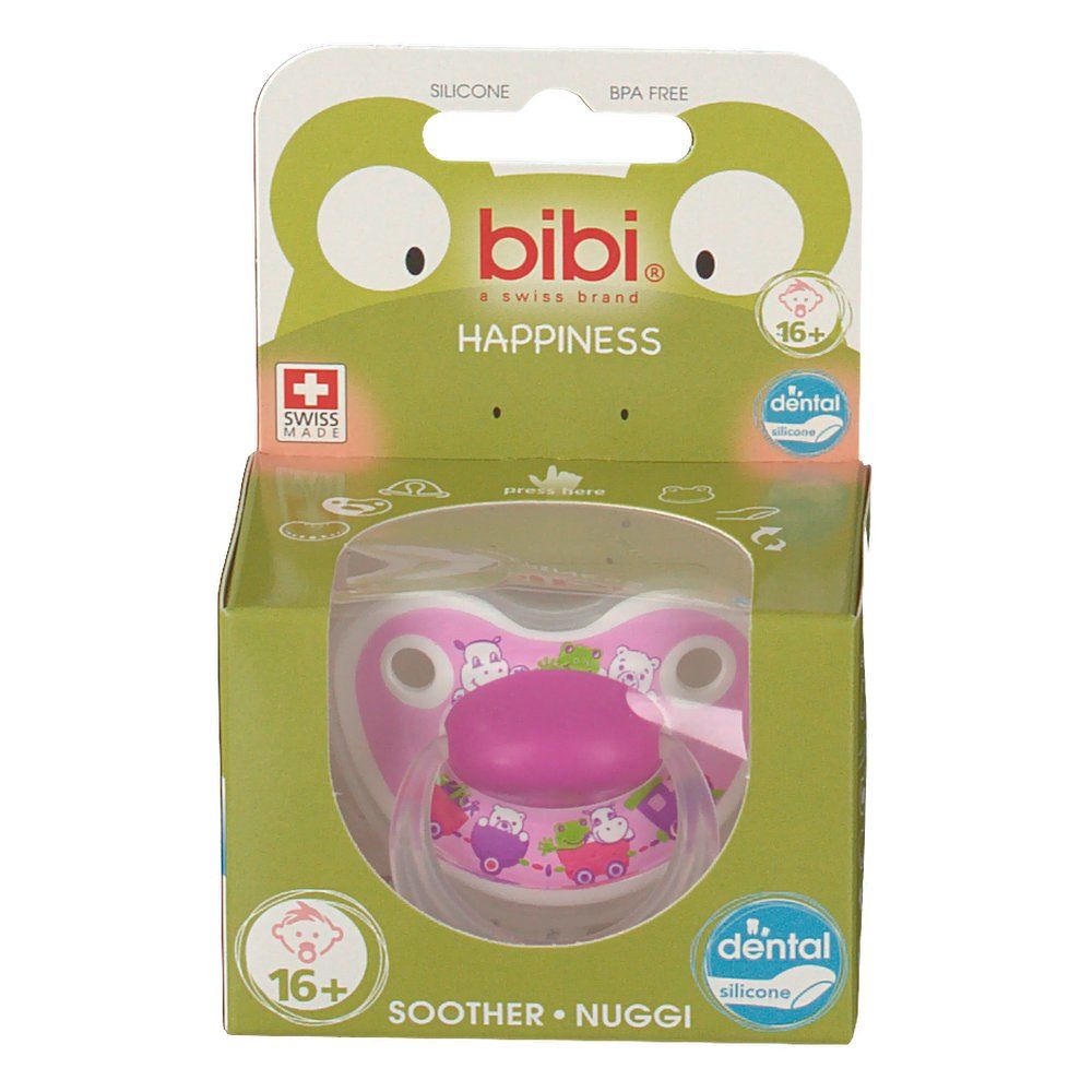 Emballage de sucette. Sucette rose imprimée, 16+ mois. Marque : bibi, Swiss Made. Fenêtre transparente.