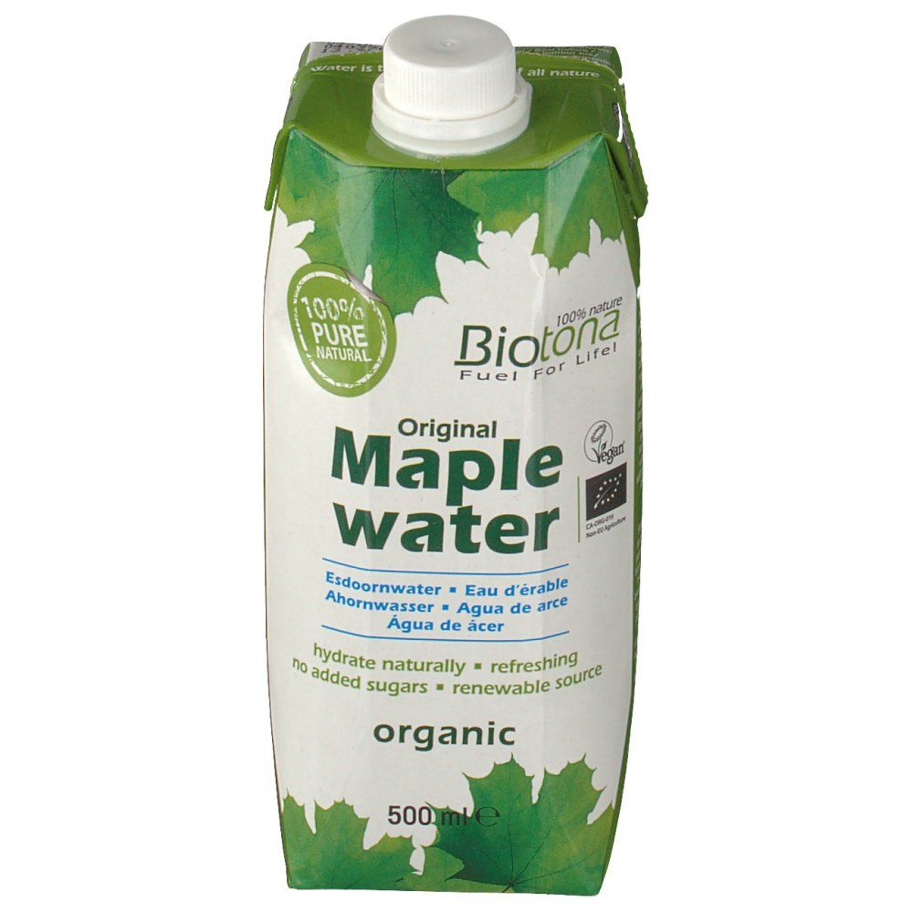 Emballage de Biotona Original Eau d'érable. Design vert et blanc avec feuilles et nom du produit. 500ml.