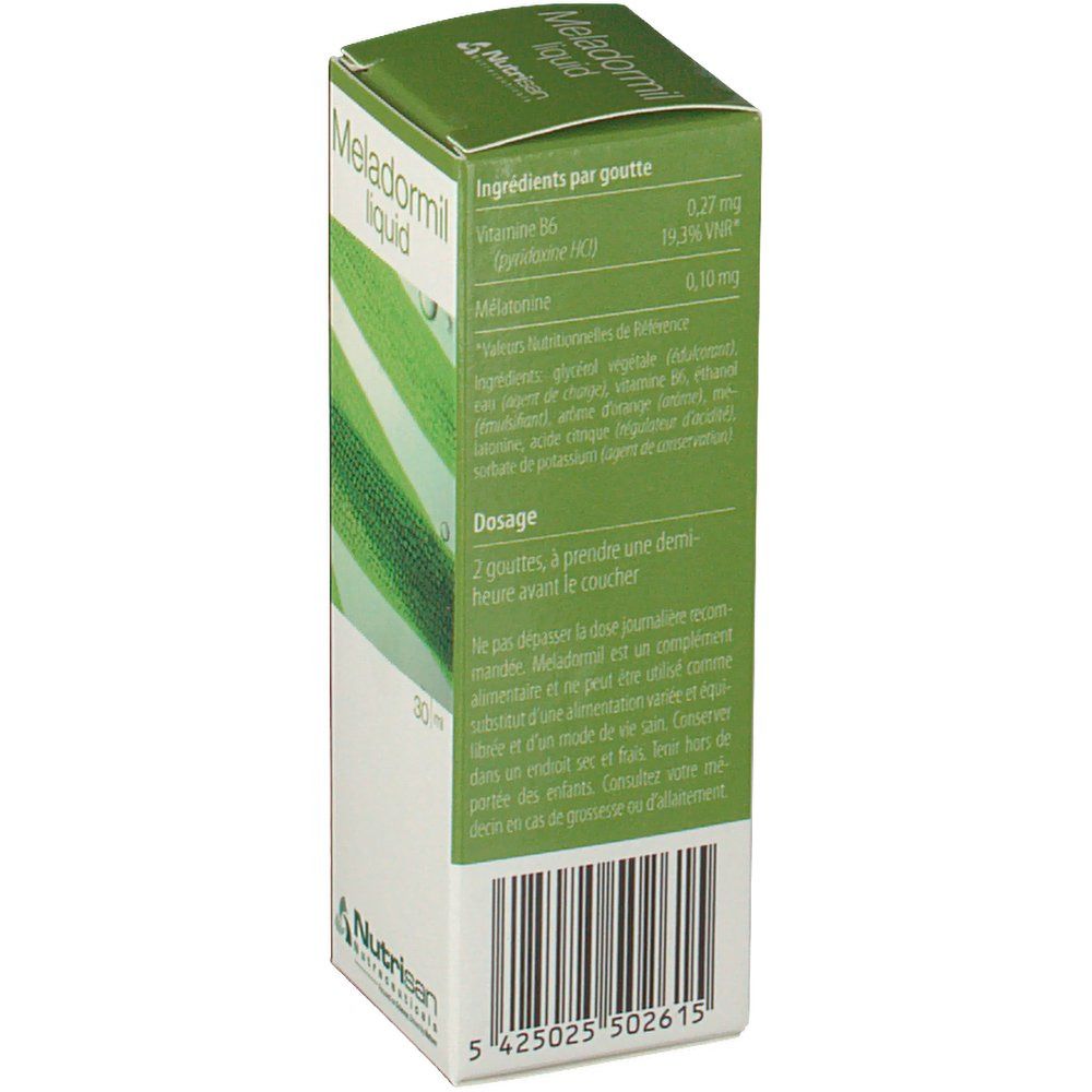 Boîte de Meladormil liquid. Ingrédients, dosage et code-barres visibles. Texte en français.