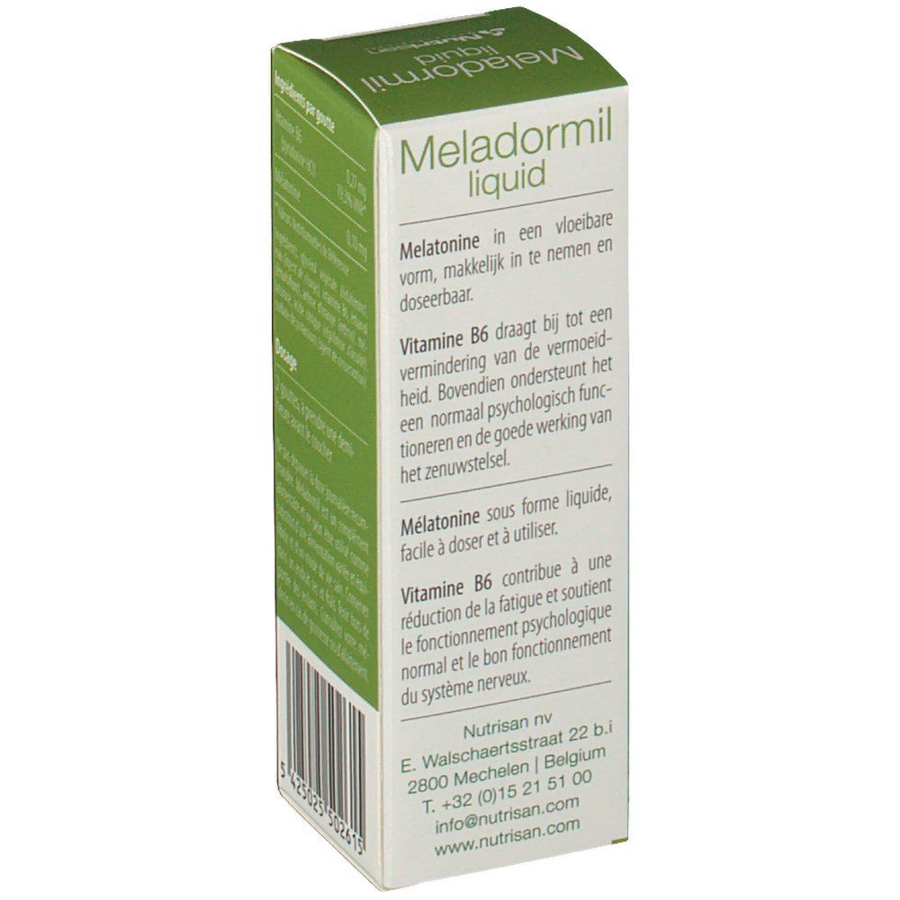 Boîte de Meladormil liquid. Texte en néerlandais et français. Ingrédients et informations.