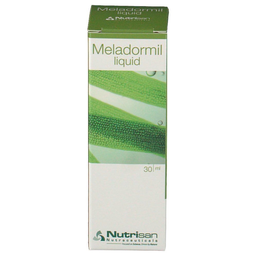 Boîte verticale. Inscription: Meladormil liquid. Logo Nutrisan. Indication 30 ml.