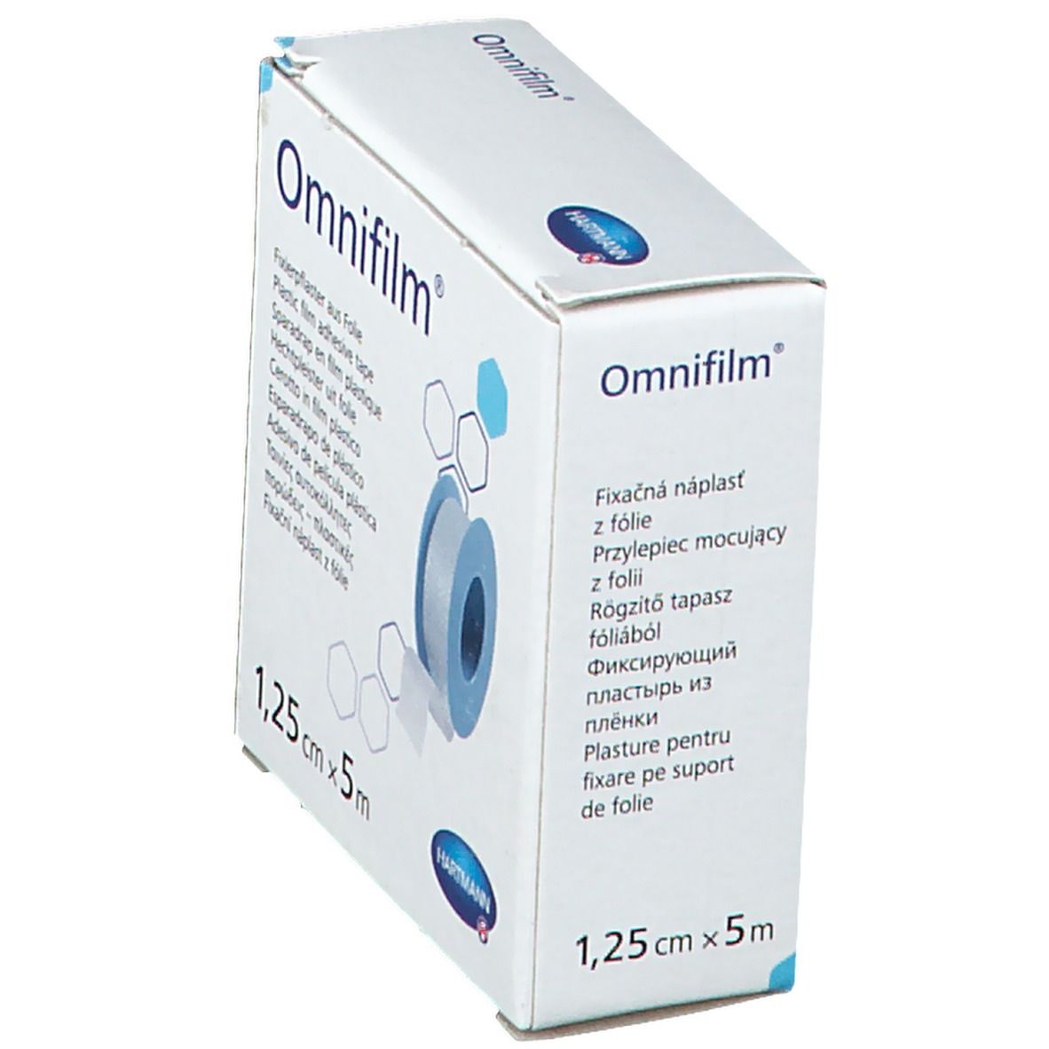 Boîte Omnifilm en biais. Nom du produit et dimensions : 1,25 cm x 5 m. Informations multilingues.