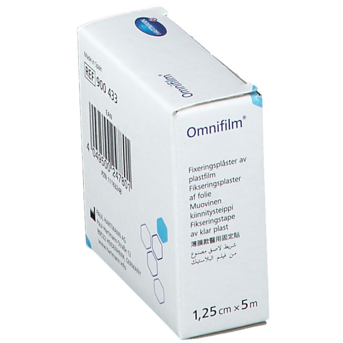 Boîte Omnifilm en biais. Nom du produit, dimensions 1,25 cm x 5 m, référence 900 433.