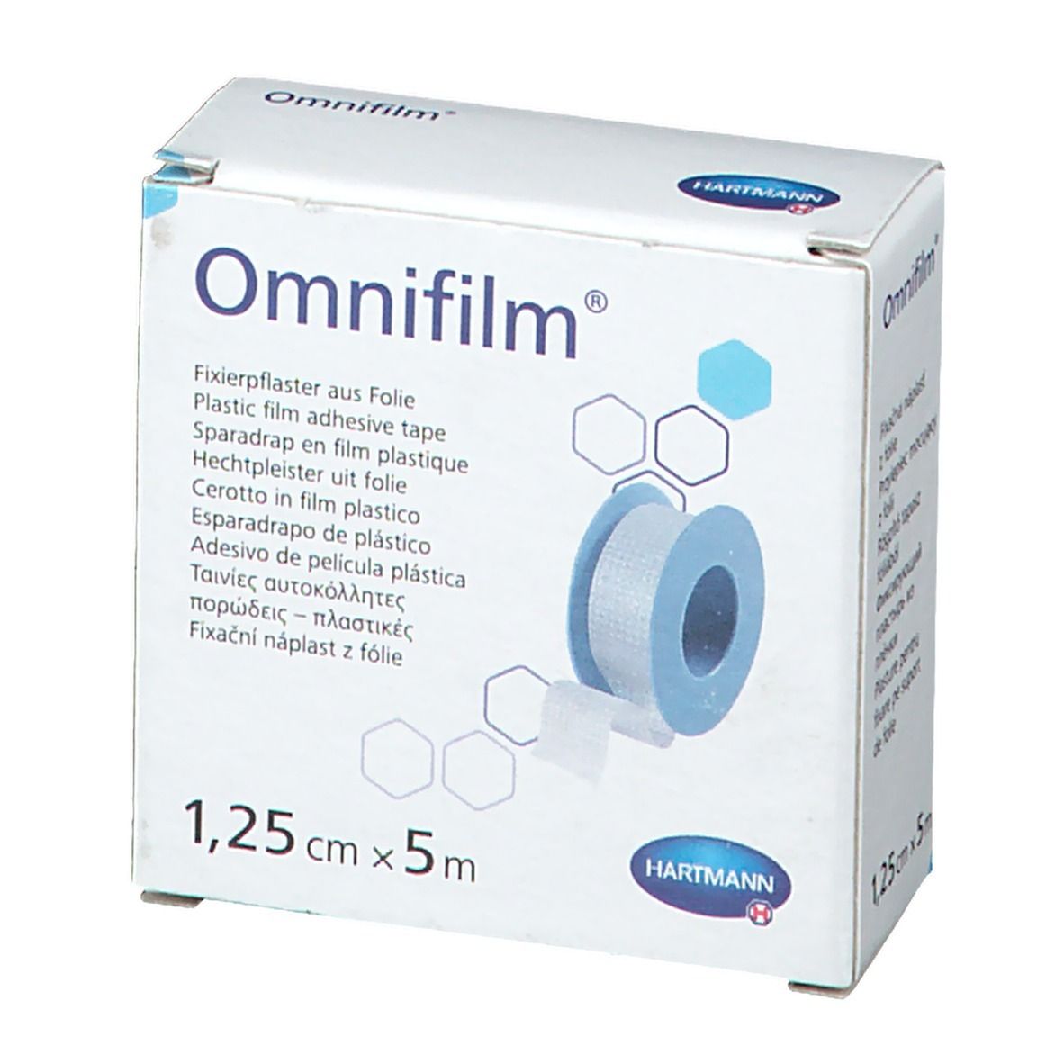 Boîte de pansement adhésif Omnifilm. Rouleau visible. Informations produit et dimensions : 1,25 cm x 5 m.