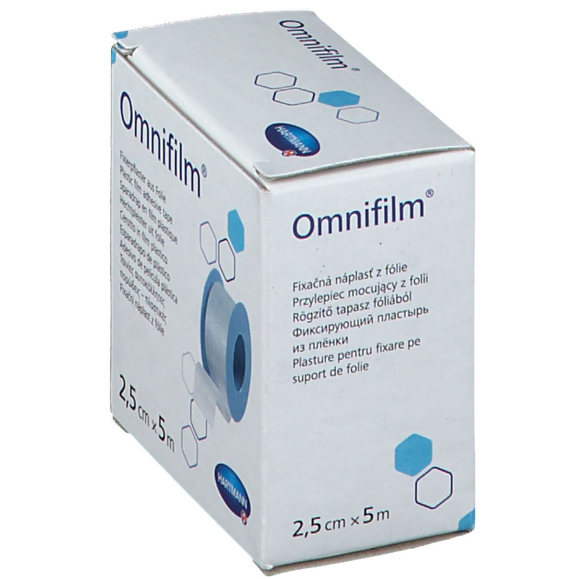 Emballage Omnifilm® avec rouleau de 2,5 cm x 5 m. Marque Hartmann. Boîte blanche et bleue avec nom du produit.
