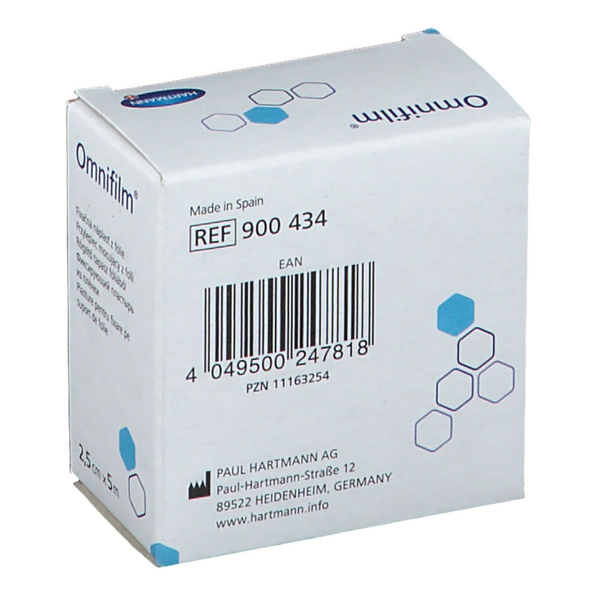 Dos de l'emballage Omnifilm®. Code-barres, informations fabricant et numéro de référence du produit. Fabriqué en Espagne.