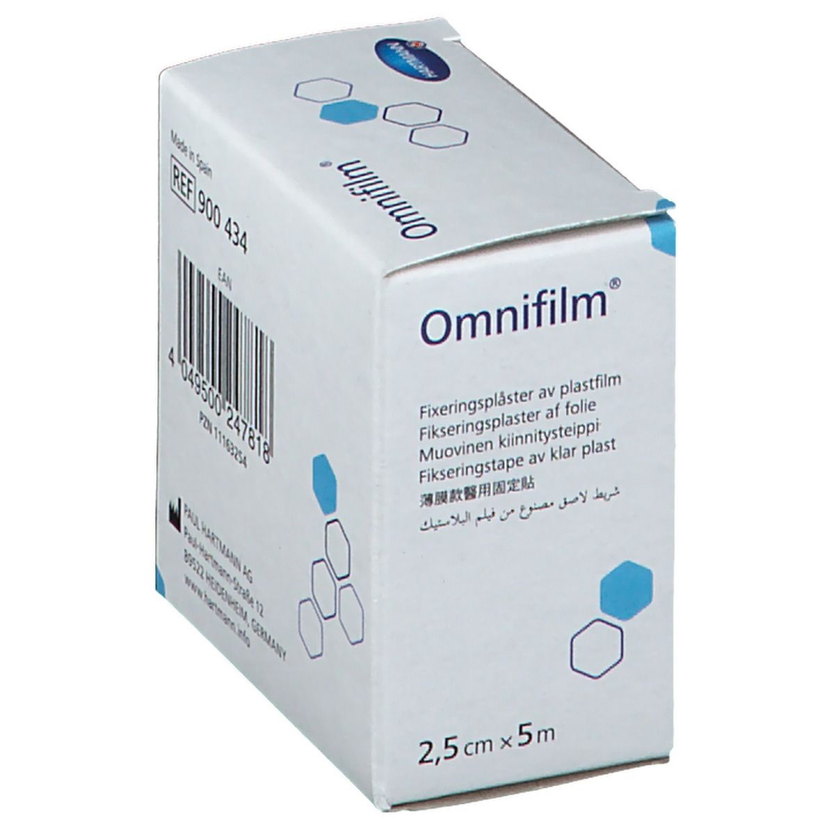 Emballage Omnifilm®. Pansement adhésif en rouleau. Nom du produit et taille 2,5 cm x 5 m. Informations du fabricant.