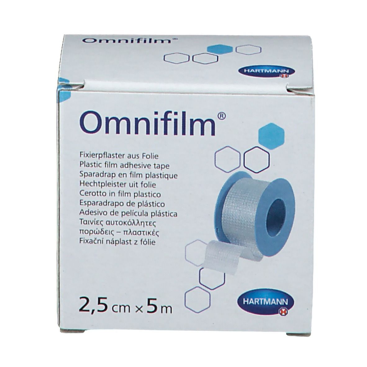 Emballage Omnifilm® avec rouleau de 2,5 cm x 5 m. Marque Hartmann. Boîte blanche et bleue avec nom et logo du produit.