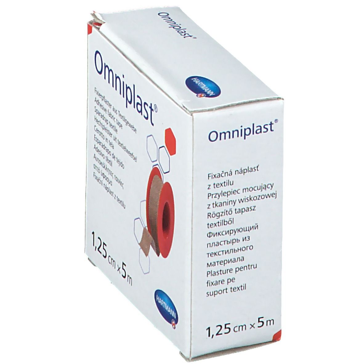 Boîte Omniplast blanche en biais. Contient un rouleau de sparadrap. Dimensions : 1,25 cm x 5 m. Logo Hartmann.