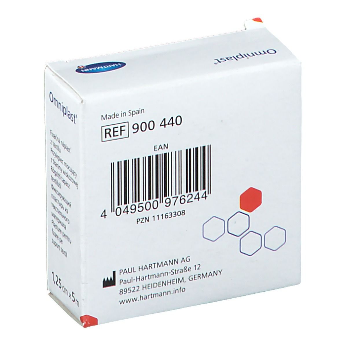 Boîte Omniplast blanche avec informations produit. Code-barres, numéro REF et adresse du fabricant. Dimensions : 1,25 cm x 5 m.