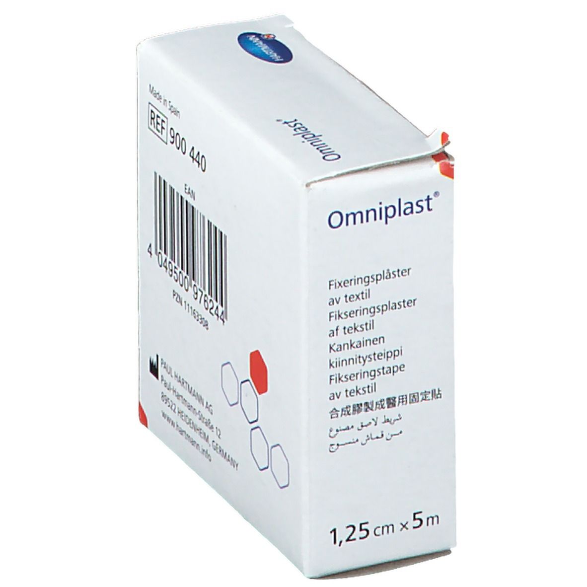 Boîte Omniplast blanche en biais avec informations produit. Dimensions : 1,25 cm x 5 m. Numéro REF.