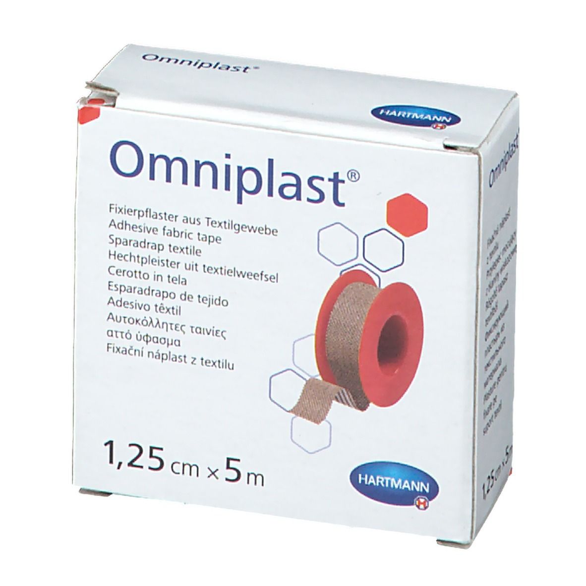 Boîte Omniplast blanche avec rouleau de sparadrap. Dimensions : 1,25 cm x 5 m. Inscriptions multilingues. Logo Hartmann.