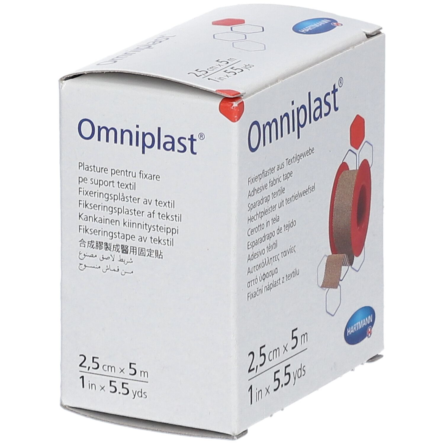 Omniplast® adhésif textile en boîte. Rouleau de 2,5 cm x 5 m. Tissu beige sur bobine rouge. Logo Hartmann.