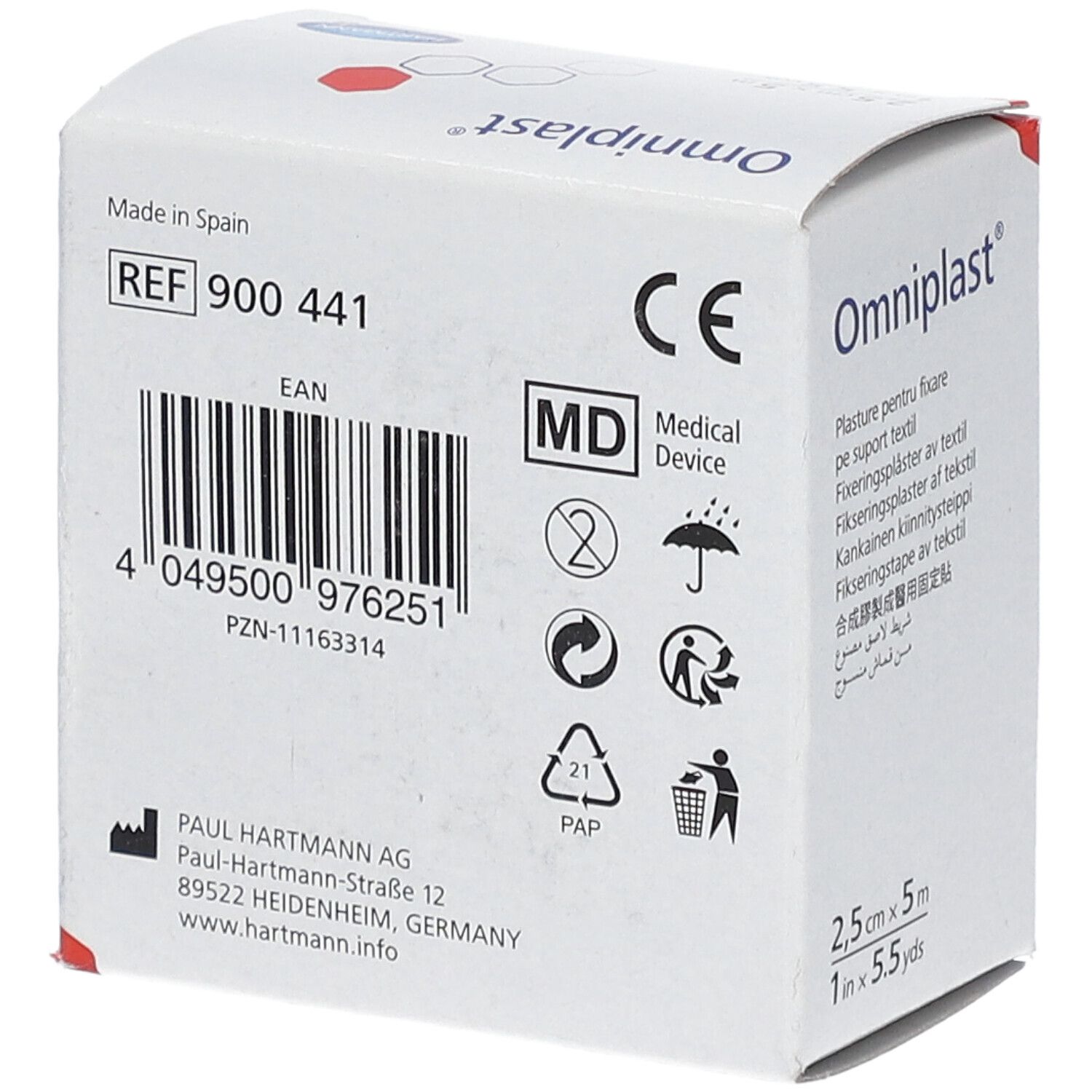 Dos de l'emballage Omniplast®. Code-barres, marquage CE, symbole MD. Informations fabricant : Paul Hartmann AG.