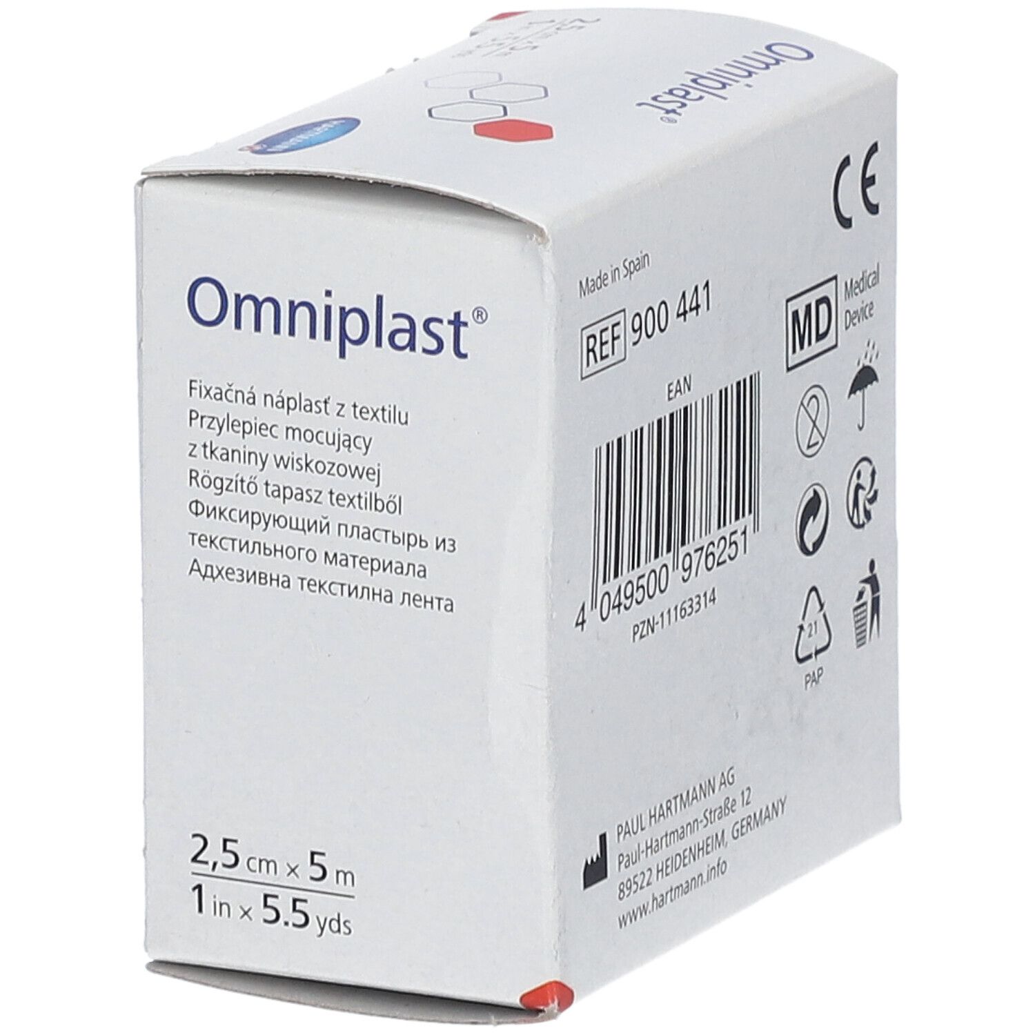 Emballage Omniplast®. Adhésif textile, 2,5 cm x 5 m. Marquage CE, symbole MD. Fabricant : Paul Hartmann AG.
