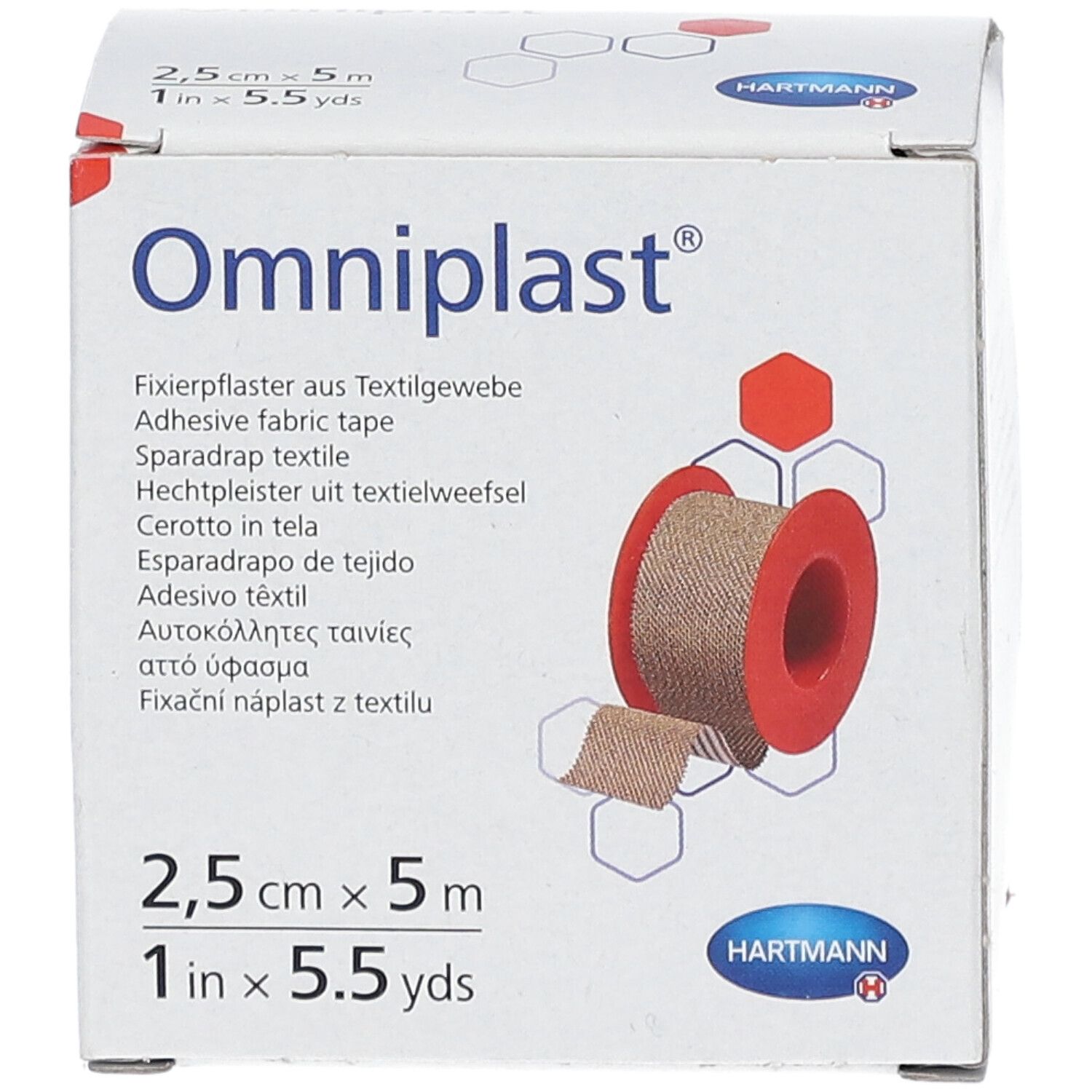 Omniplast® adhésif textile en boîte. Rouleau de 2,5 cm x 5 m. Tissu beige sur bobine rouge. Logo Hartmann.