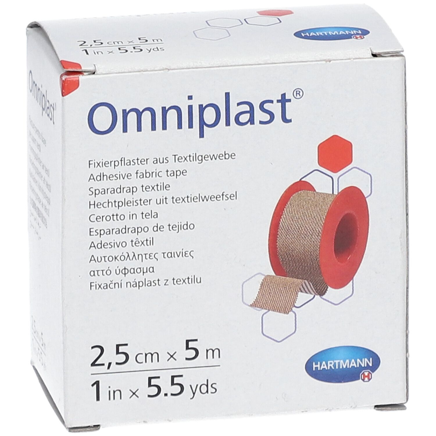 Omniplast® adhésif textile en boîte. Rouleau de 2,5 cm x 5 m. Tissu beige sur bobine rouge. Logo Hartmann.