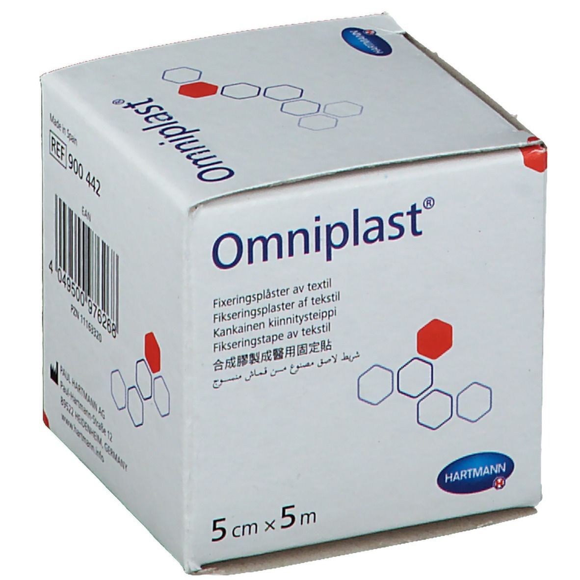 Boîte de pansements Omniplast. Dimensions : 5 cm x 5 m. Nom du produit en plusieurs langues.