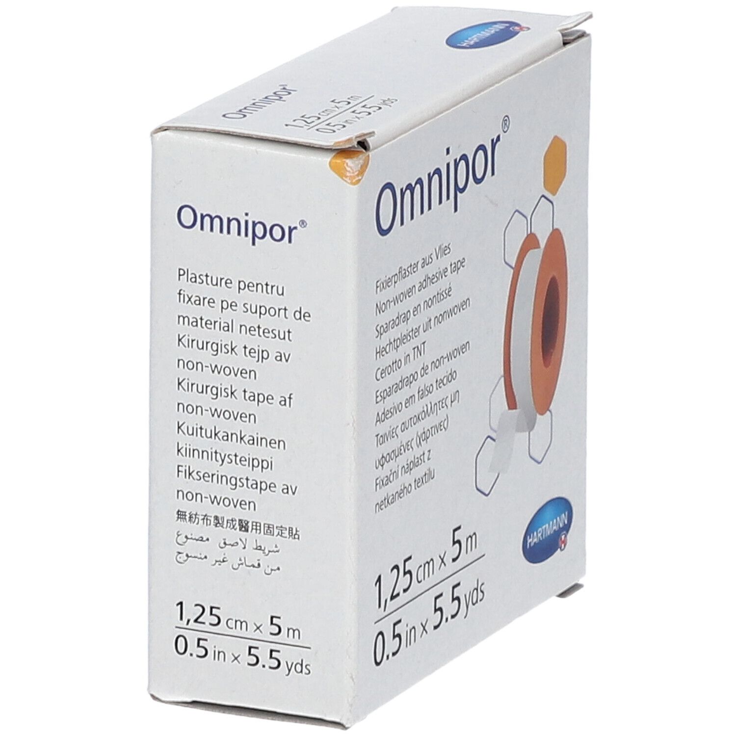 Boîte de pansement adhésif Omnipor®. Dimensions : 1,25 cm x 5 m. Logo Hartmann. Vue en perspective.