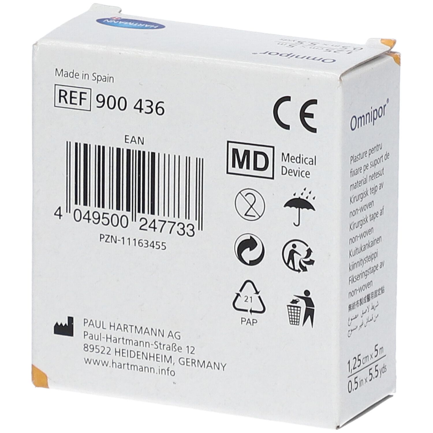 Dos de la boîte Omnipor®. Informations : REF, EAN, symbole MD, adresse de Paul Hartmann AG.