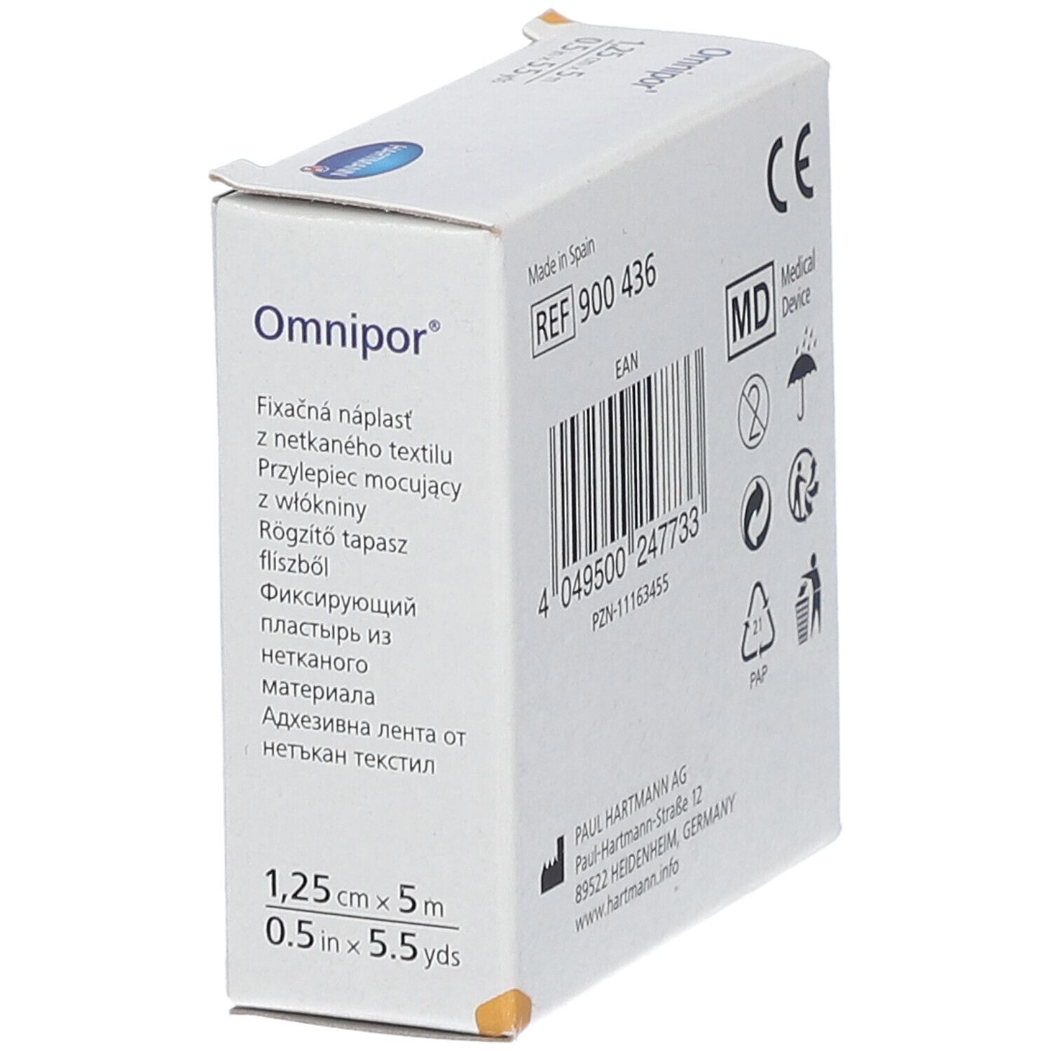 Vue latérale de la boîte Omnipor®. Informations : REF, symbole MD, adresse de Paul Hartmann AG.